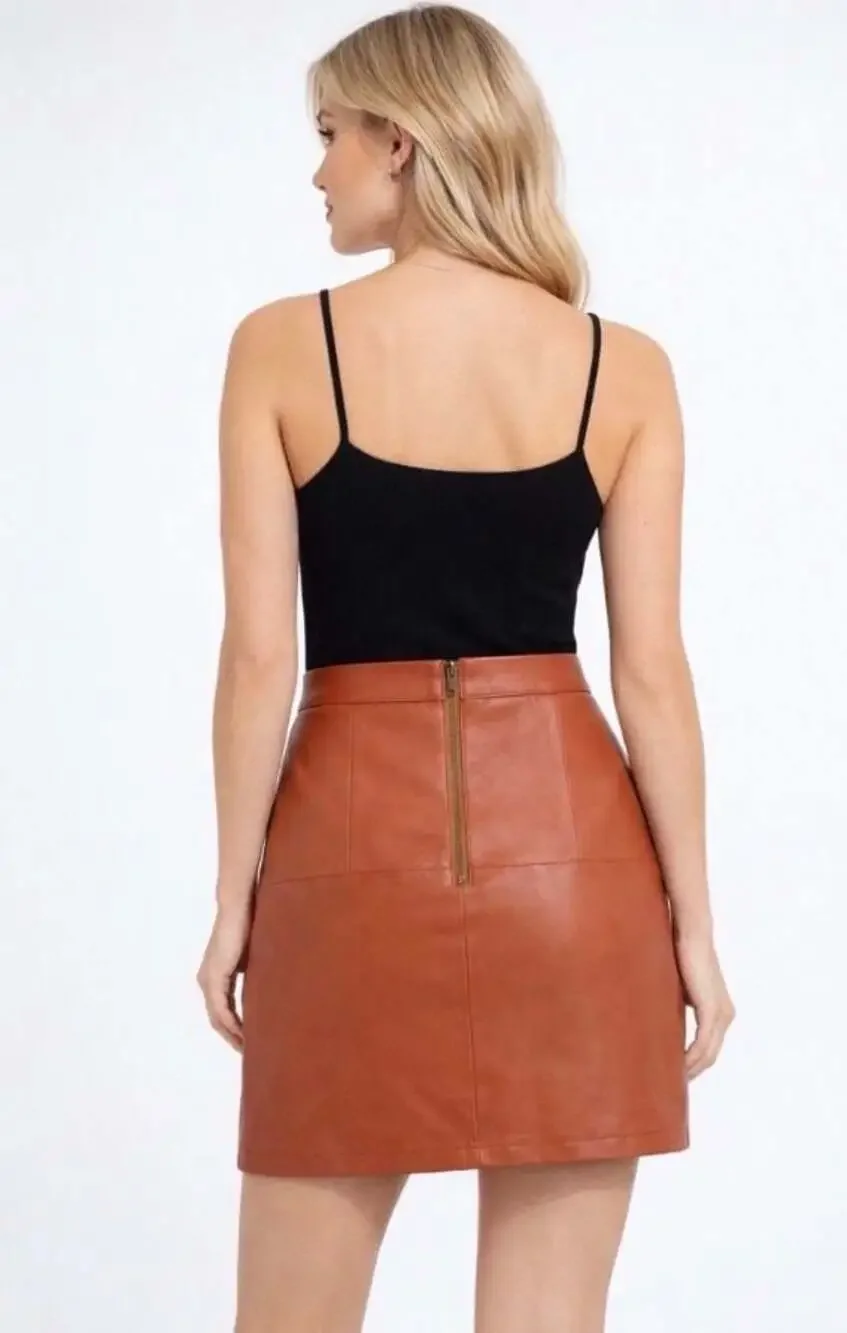 Shine Star Faux Leather Mini Skirt Womens Small Brown Cognac NWT High Waist